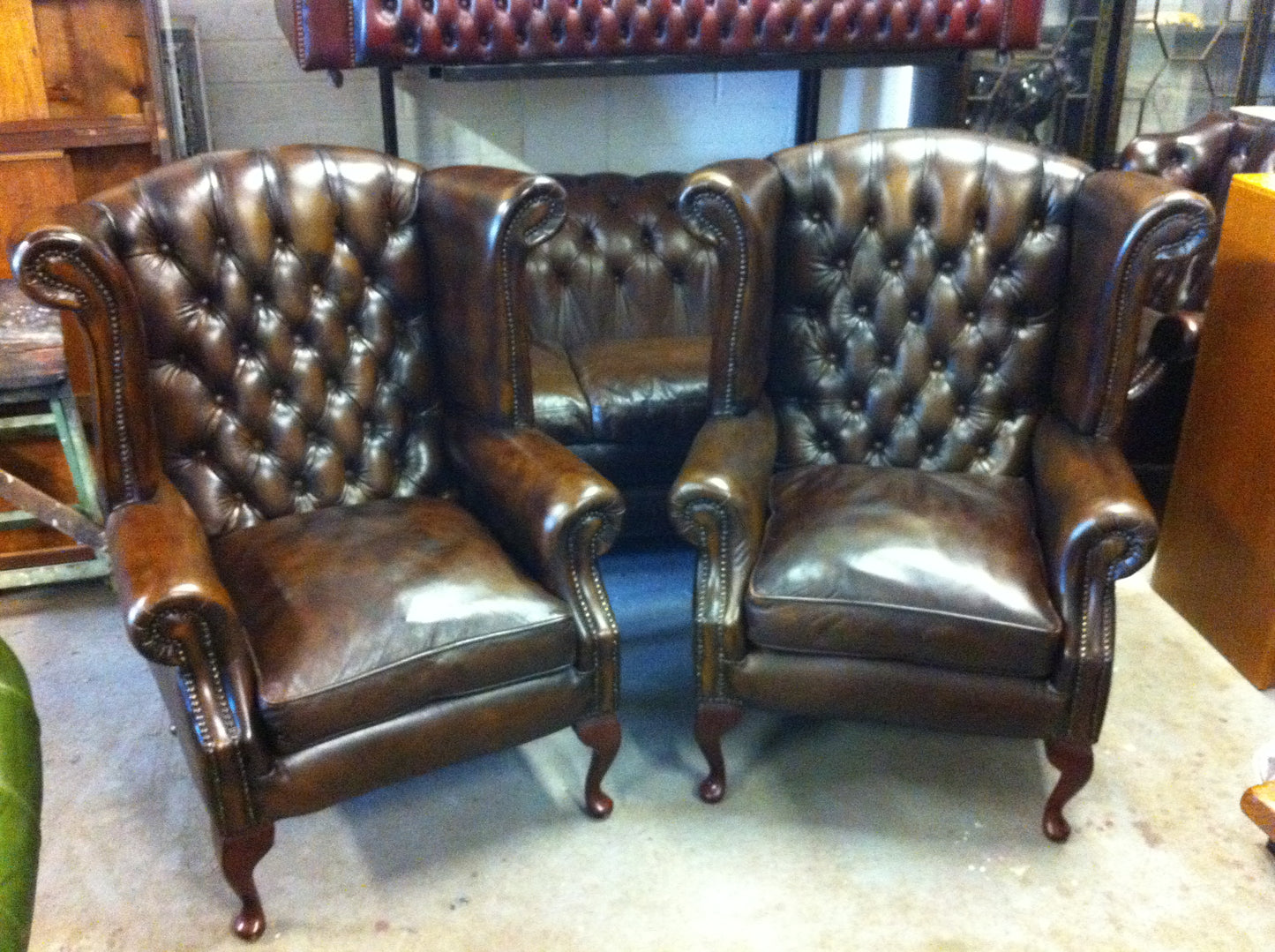 Gorgeous Pair Thomas Lloyd Hand Dyed "Antique" Brown Leather Chesterfield Chairs SOLD