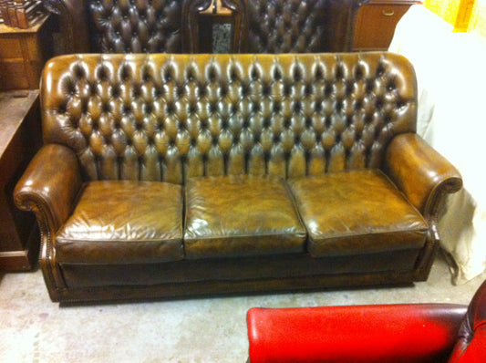 Gorgeous Hand Dyed "Antique" Brown Vintage Leather Chesterfield High Back Sofa