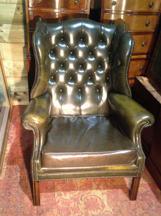 206.....Vintage Leather Chesterfield Style Wing Armchair / Vintage Green Library Chair