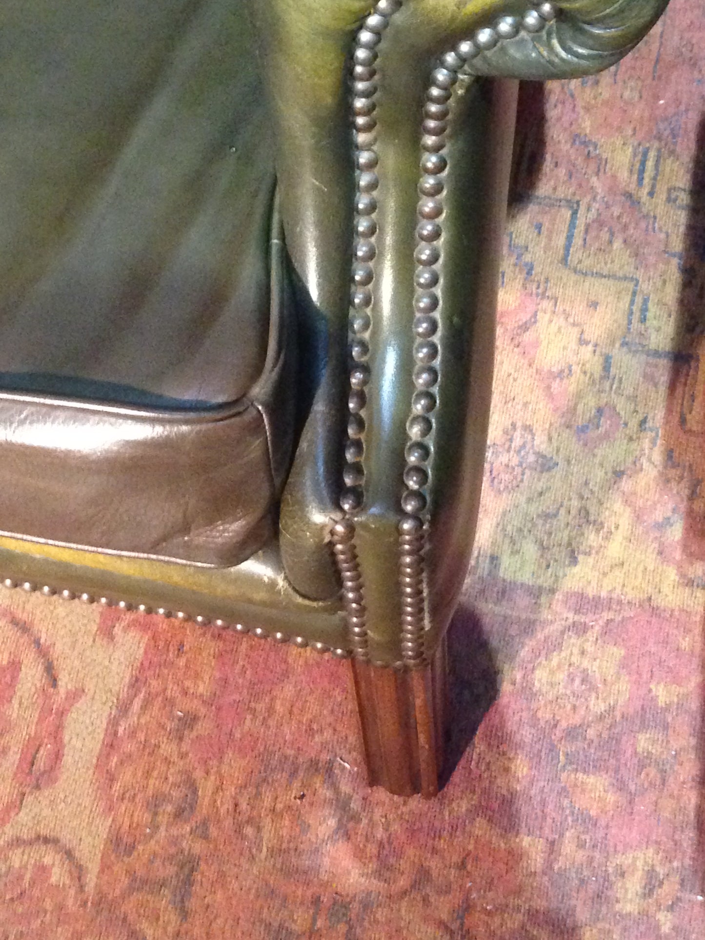 206.....Vintage Leather Chesterfield Style Wing Armchair / Vintage Green Library Chair