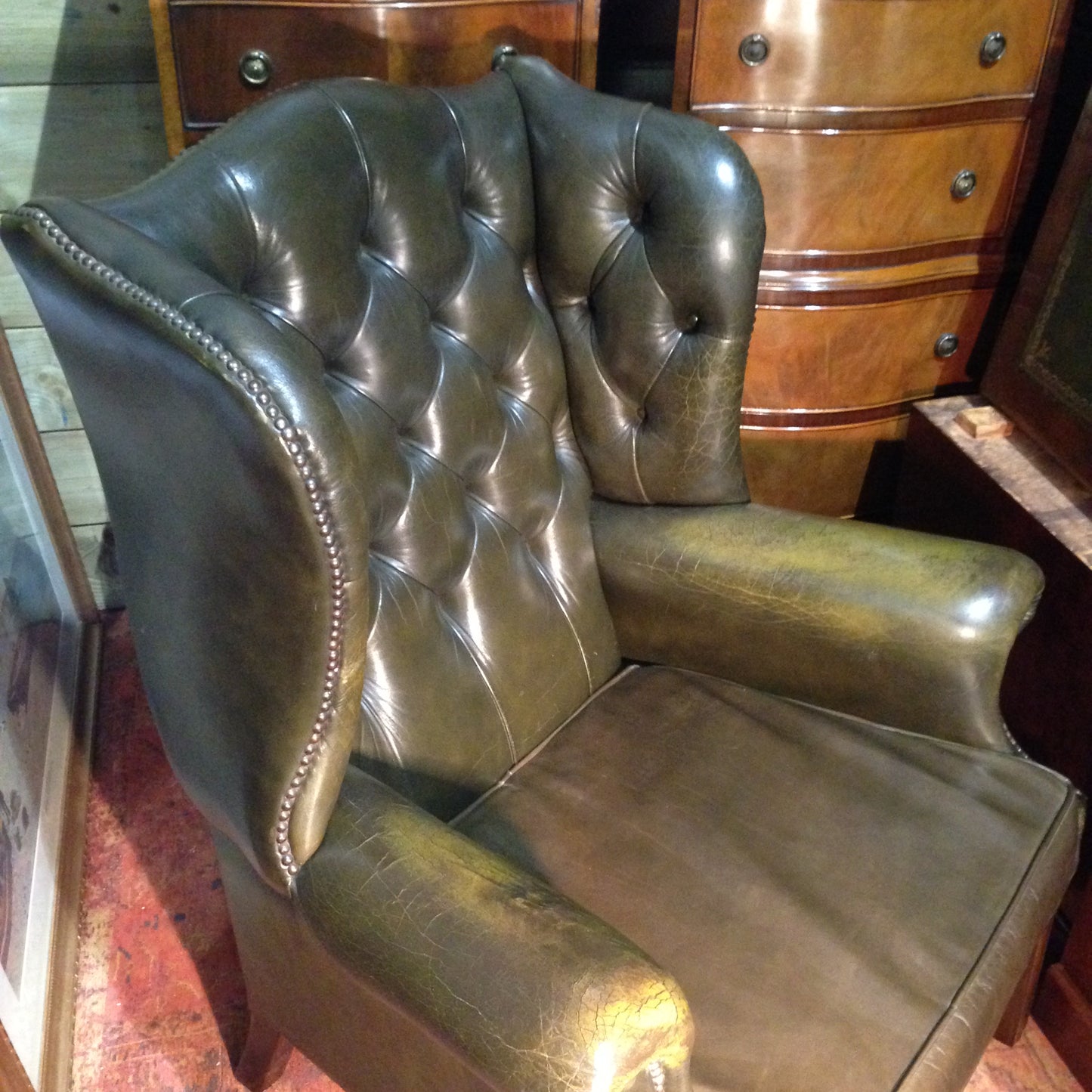 206.....Vintage Leather Chesterfield Style Wing Armchair / Vintage Green Library Chair
