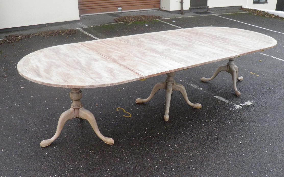 LARGE VINTAGE BLEACHED MAHOGANY TRIPLE PEDESTAL DINING TABLE SALE PRICE