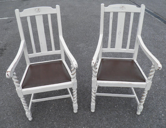 A Pair Of Vintage Shabby Chic Oak Carver Chairs.