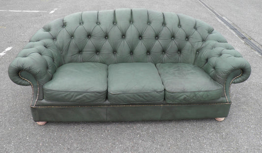 Vintage Green Scrubbed Leather Camel Back Chesterfield Sofa.