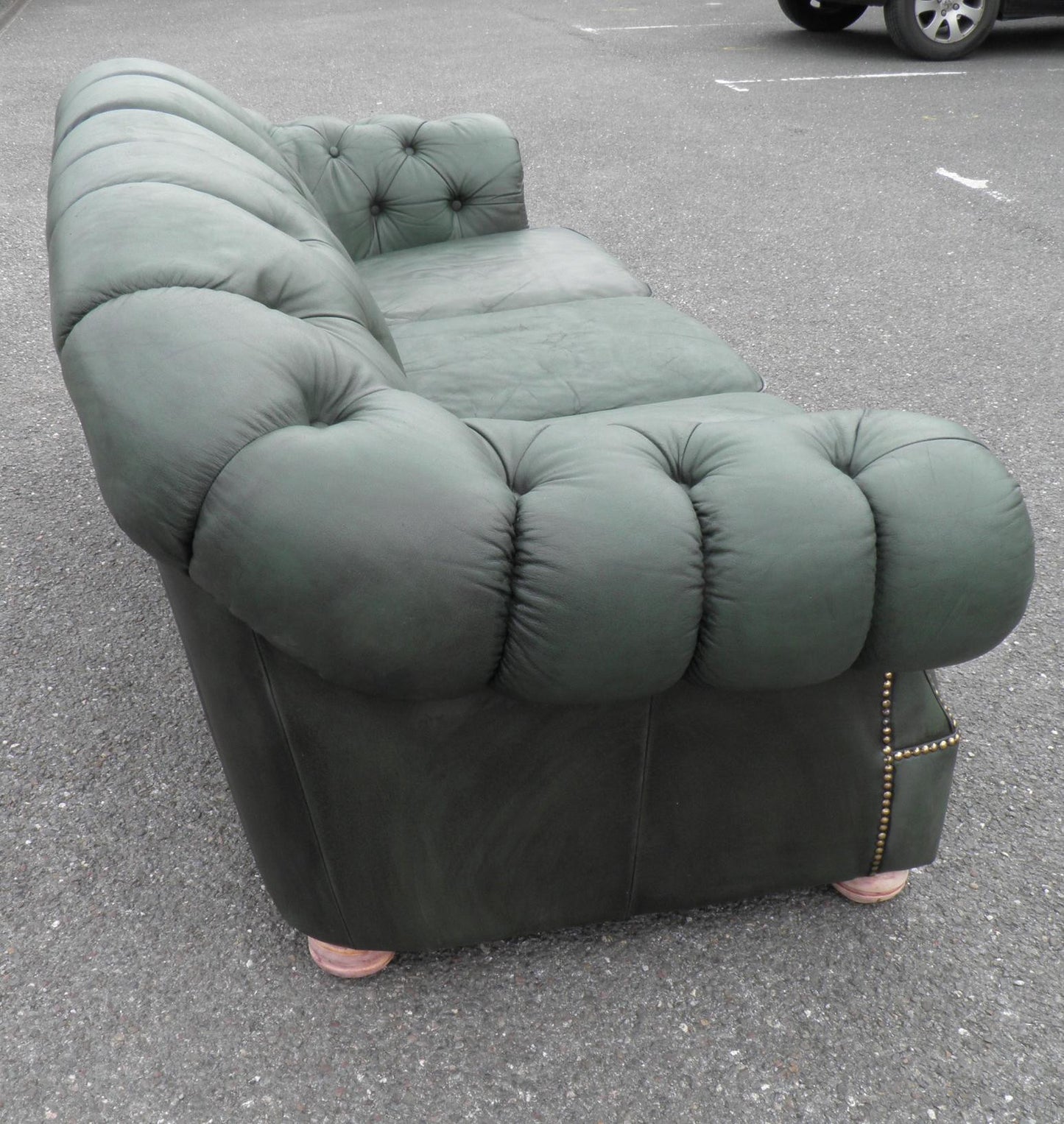 Vintage Green Scrubbed Leather Camel Back Chesterfield Sofa.