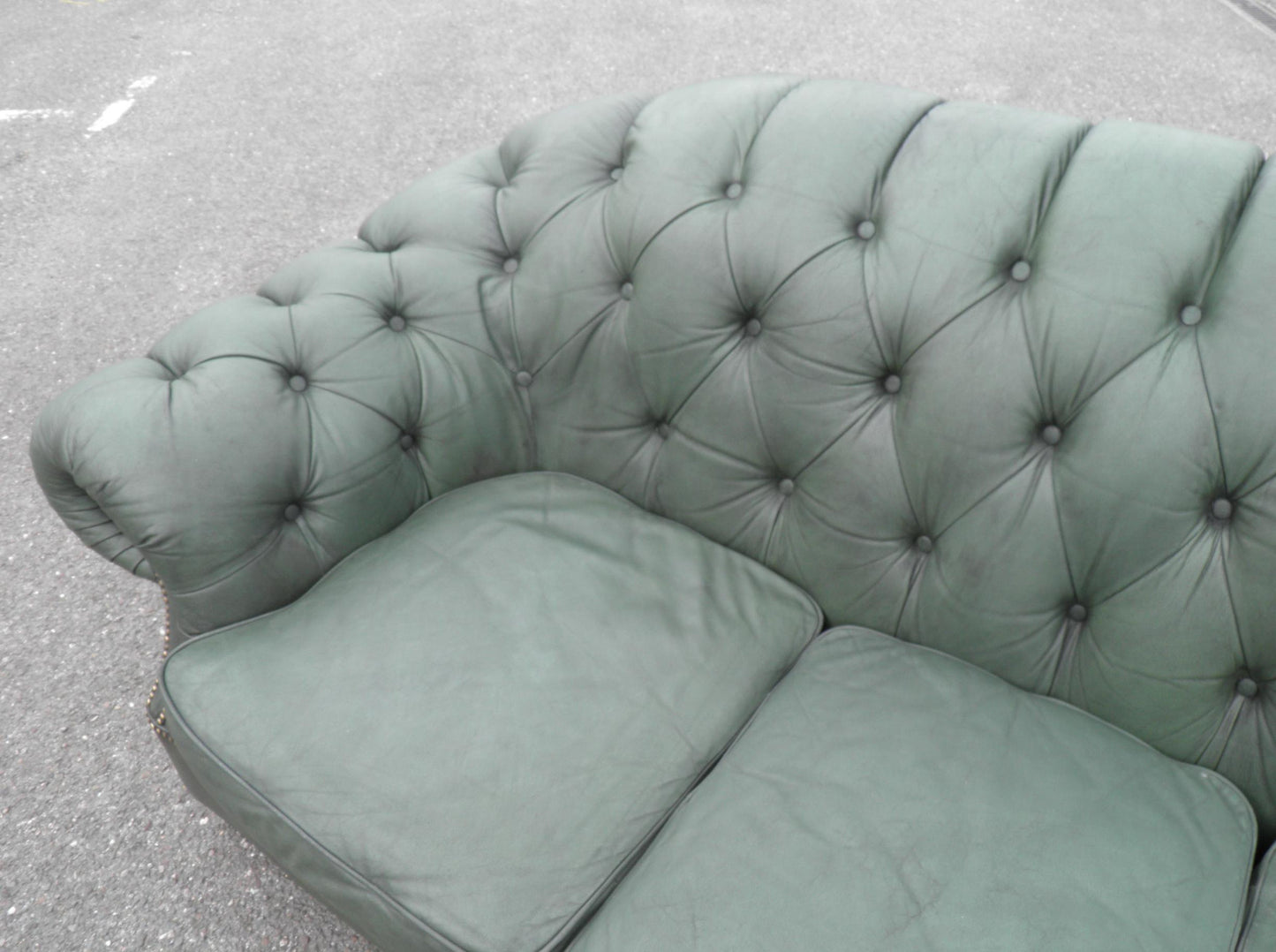Vintage Green Scrubbed Leather Camel Back Chesterfield Sofa.