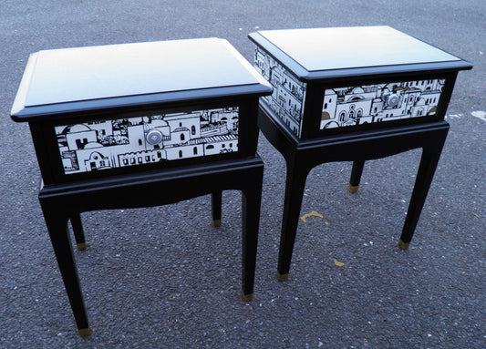 Pair Of Vintage Bedside Tables With Fabulous Fornasetti Decoration