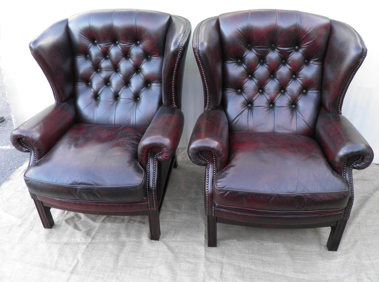 Lovely Pair Of Vintage 1980's Leather Chesterfield Wing Armchairs