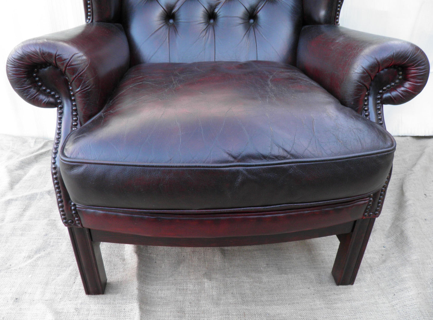 Lovely Pair Of Vintage 1980's Leather Chesterfield Wing Armchairs