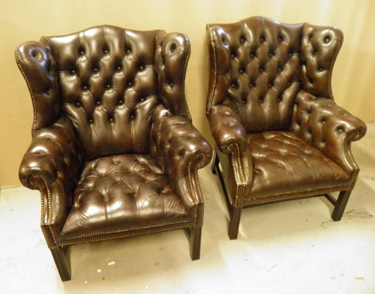 Pair Vintage Leather Wing Back Armchairs