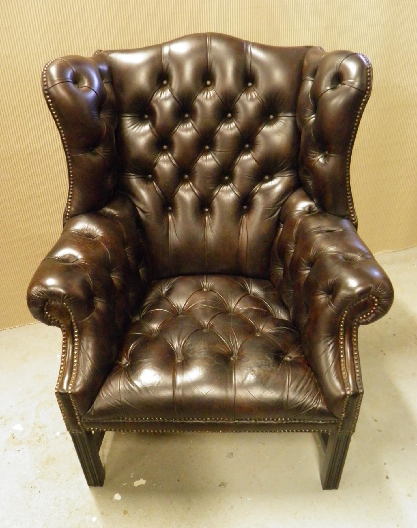 Pair Vintage Leather Wing Back Armchairs