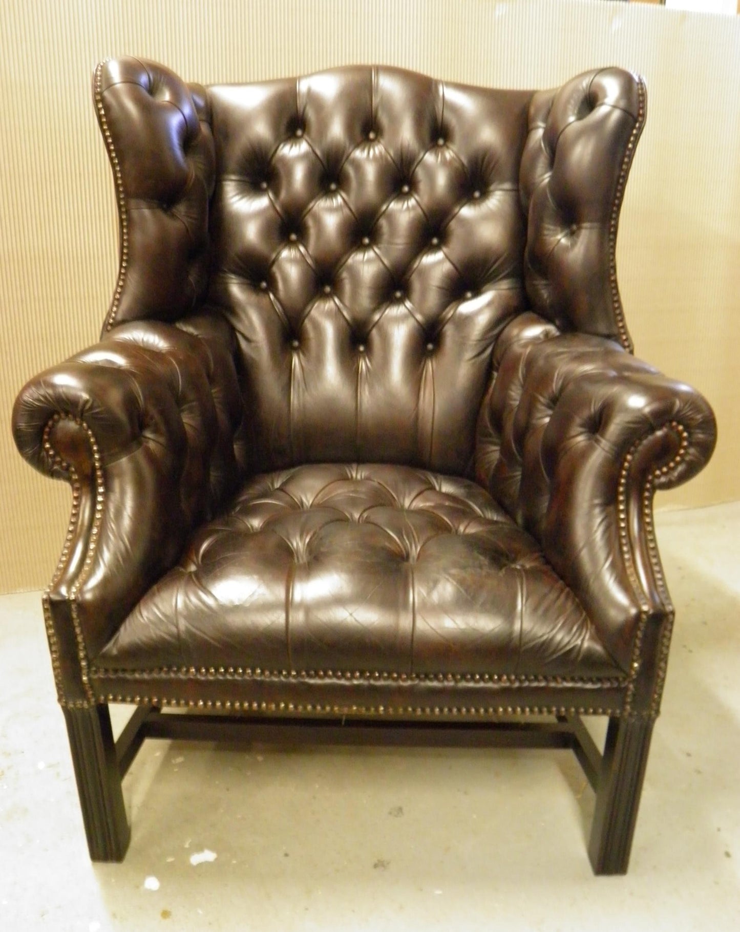Pair Vintage Leather Wing Back Armchairs