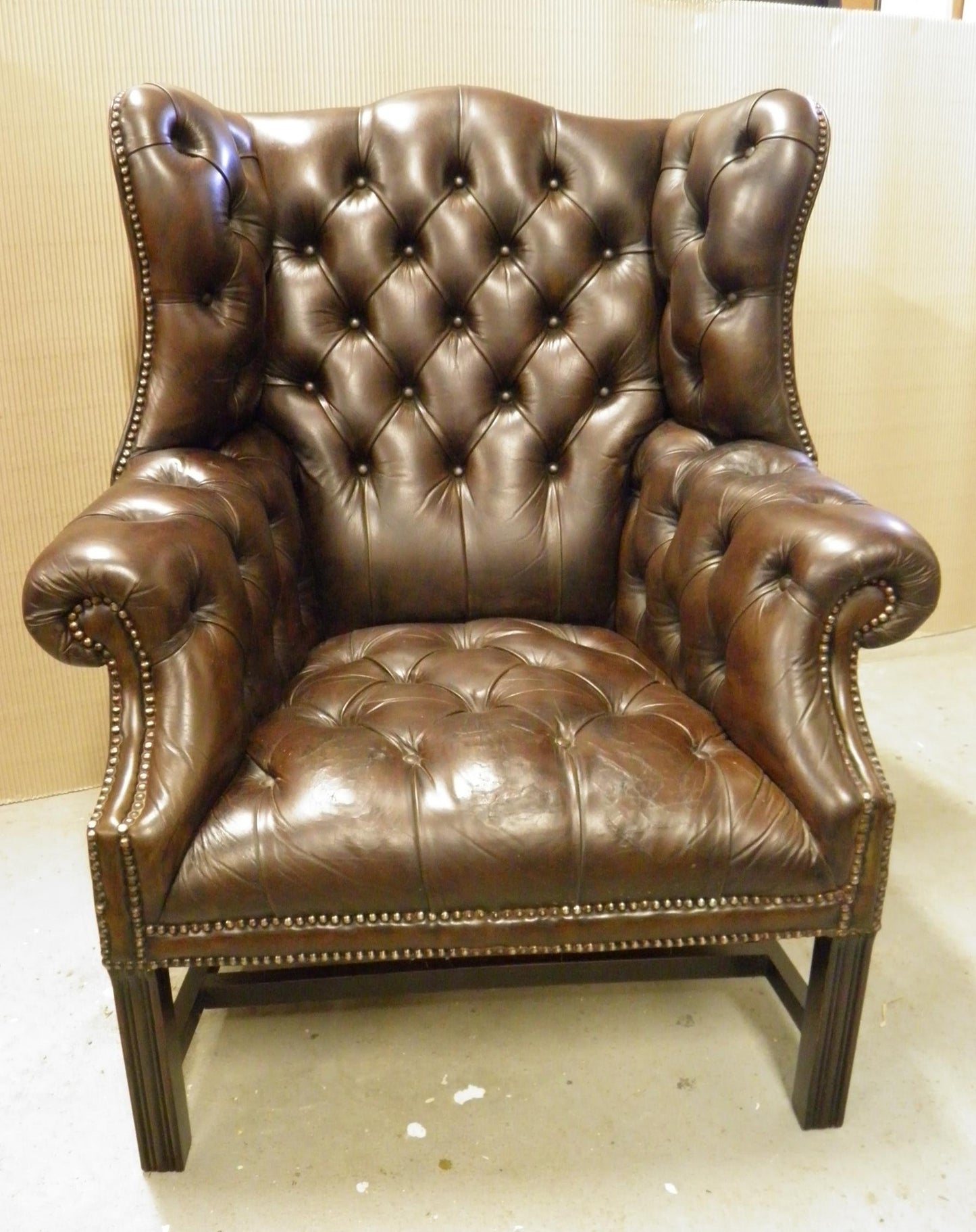 Pair Vintage Leather Wing Back Armchairs