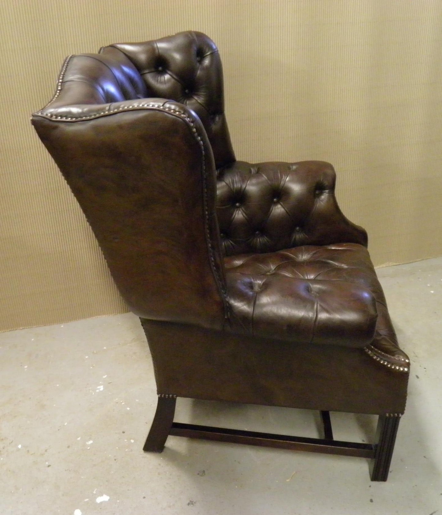 Pair Vintage Leather Wing Back Armchairs