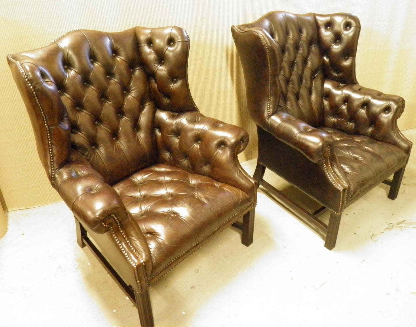 Pair Vintage Leather Wing Back Armchairs
