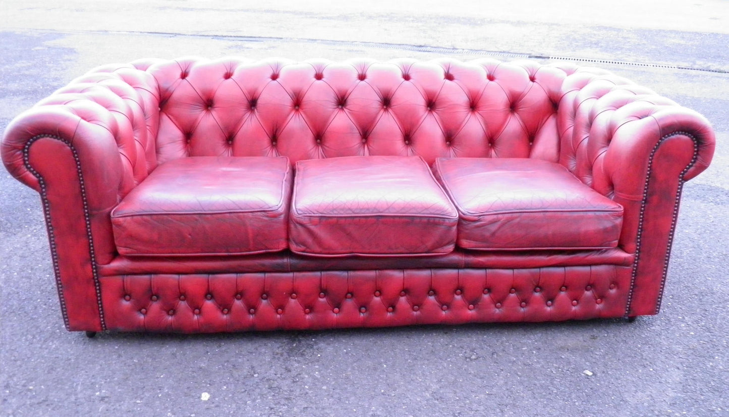 Vintage Red Leather 3 Seater Chesterfield Sofa