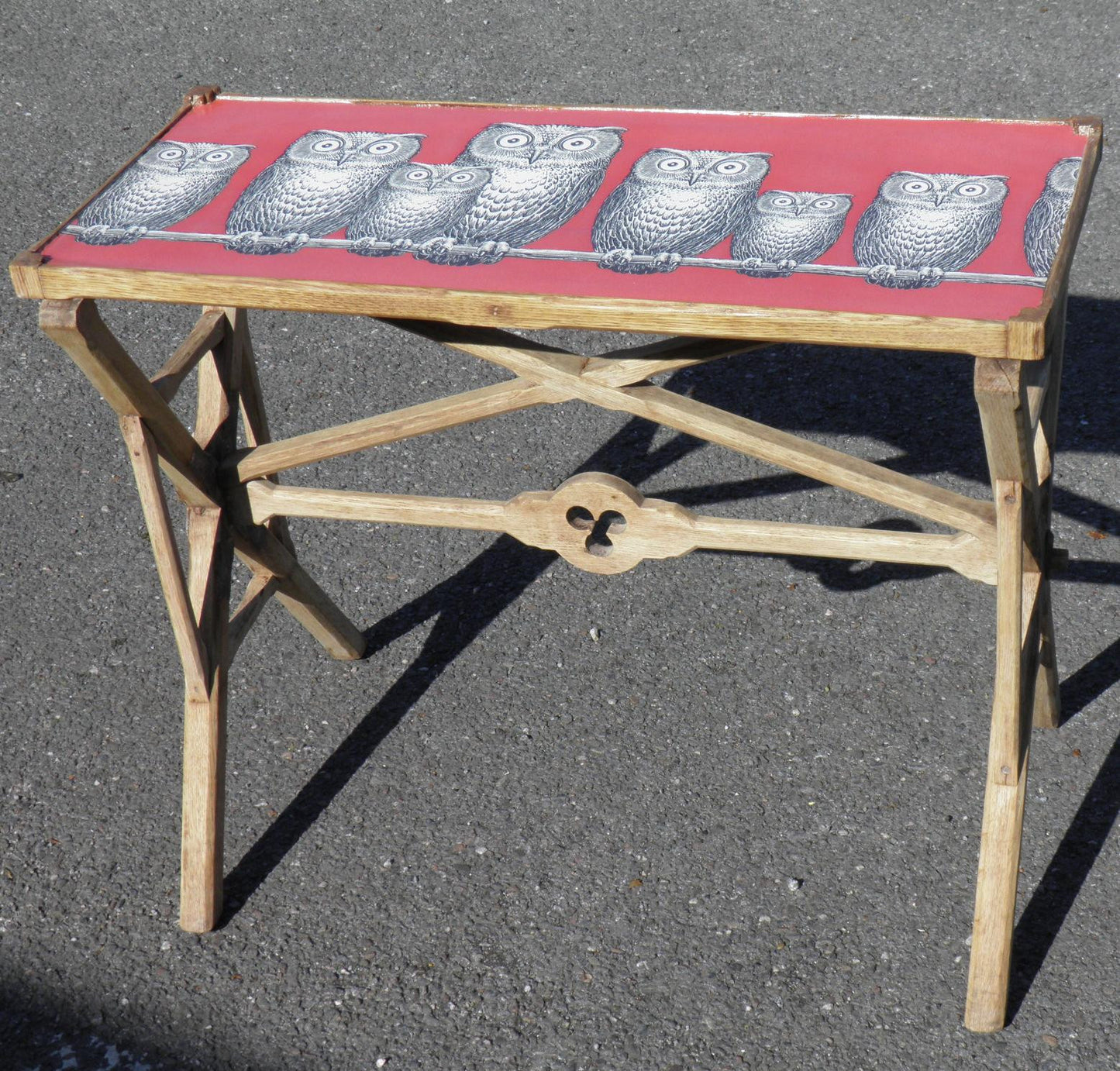 A 19th CENTURY GOTHIC BLEACHED OAK AND DECOUPAGE TRAY / TABLE