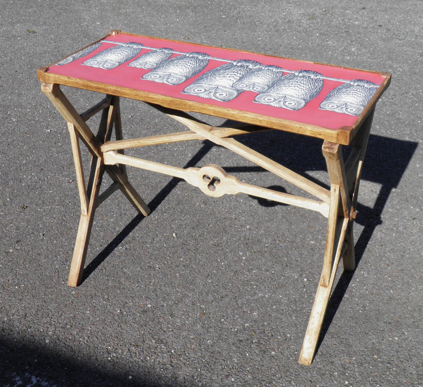A 19th CENTURY GOTHIC BLEACHED OAK AND DECOUPAGE TRAY / TABLE