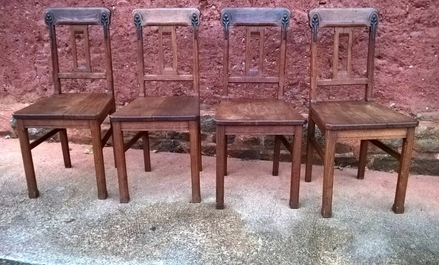 Set Of Four Solid Oak Arts And Crafts Style Dining Chairs