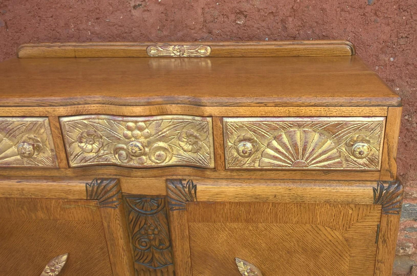 Stunning Vintage Carved Oak Sideboard With Metallic Gilding
