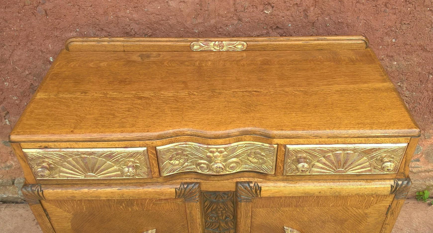 Stunning Vintage Carved Oak Sideboard With Metallic Gilding