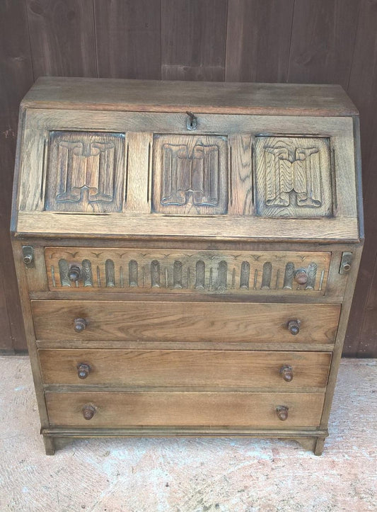 Lovely Vintage Carved And Faded Oak Bureau - Old Charm Style Writing Desk