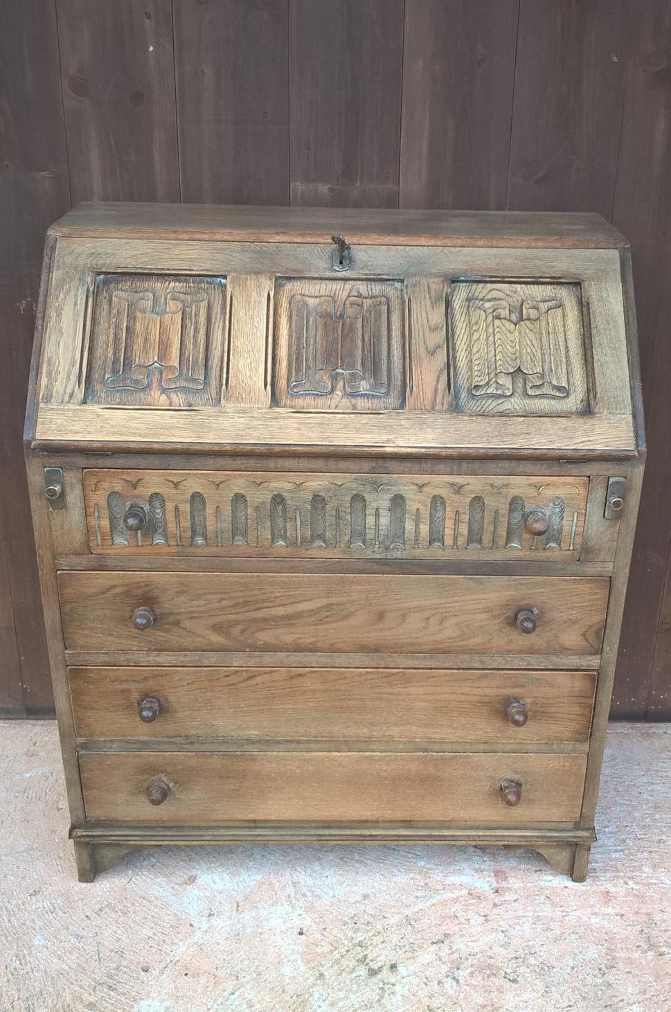 Lovely Vintage Carved And Faded Oak Bureau - Old Charm Style Writing Desk