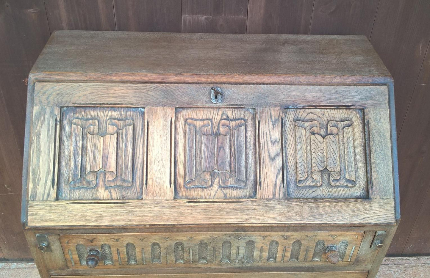 Lovely Vintage Carved And Faded Oak Bureau - Old Charm Style Writing Desk