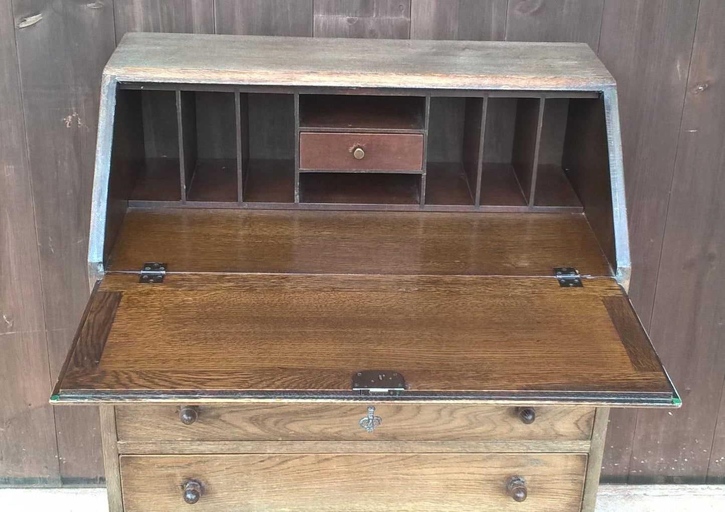 Lovely Vintage Carved And Faded Oak Bureau - Old Charm Style Writing Desk