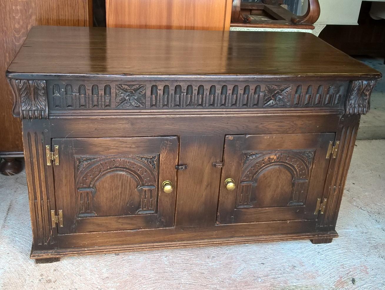Upcycled Carved Solid Oak Coffer With Opening Doors - Blanket Chest - Coffee Table