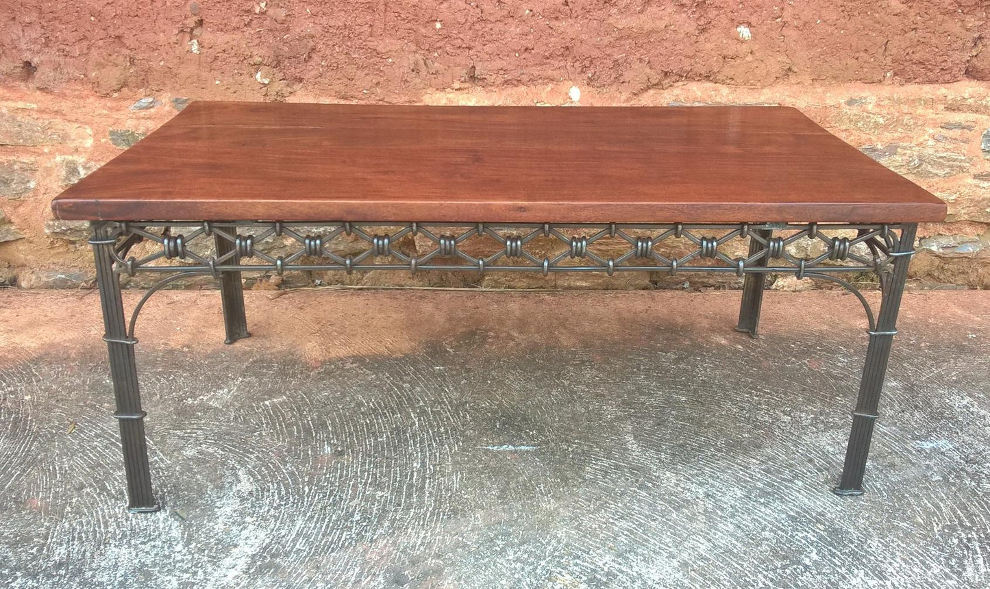 213.....Vintage Heavy Solid Hardwood Coffee Table On Decorative Metal Base