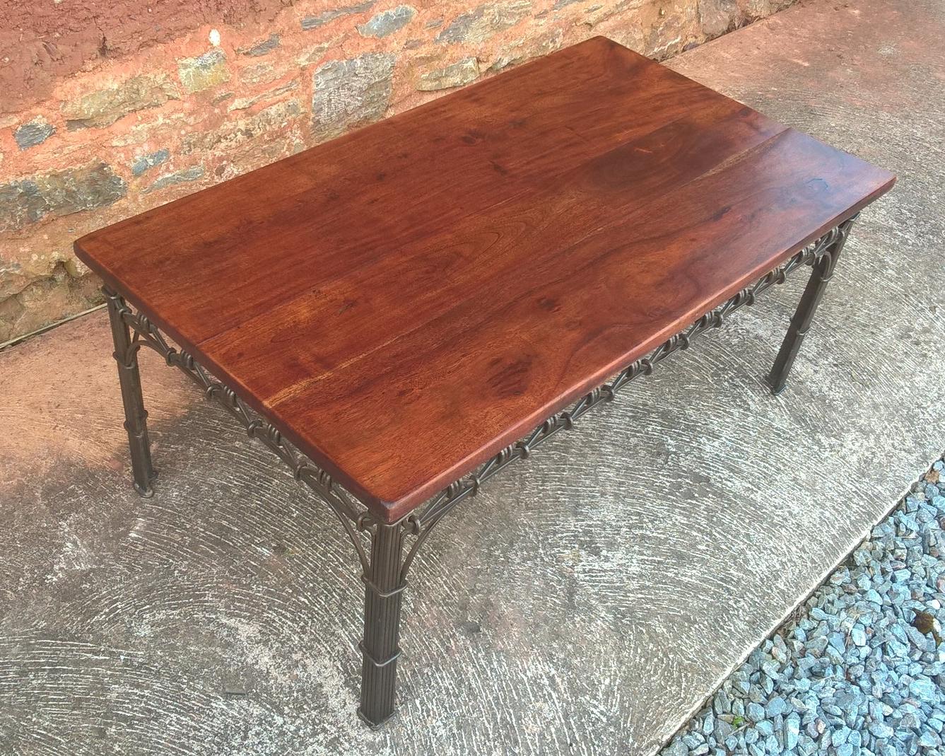213.....Vintage Heavy Solid Hardwood Coffee Table On Decorative Metal Base