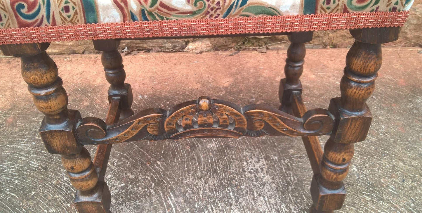 Vintage Carved Oak Stool - Jacobean Style Footstool