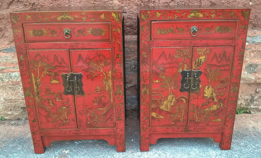 Stunning Pair Of Vintage Oriental Bedside Cabinets - Decorative Lacquered Lamp Tables