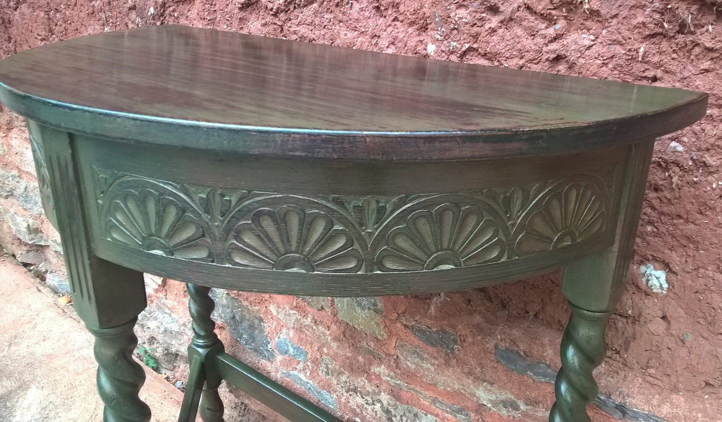 Vintage Oak Hall Table / Carved Oak Demi Lune Table