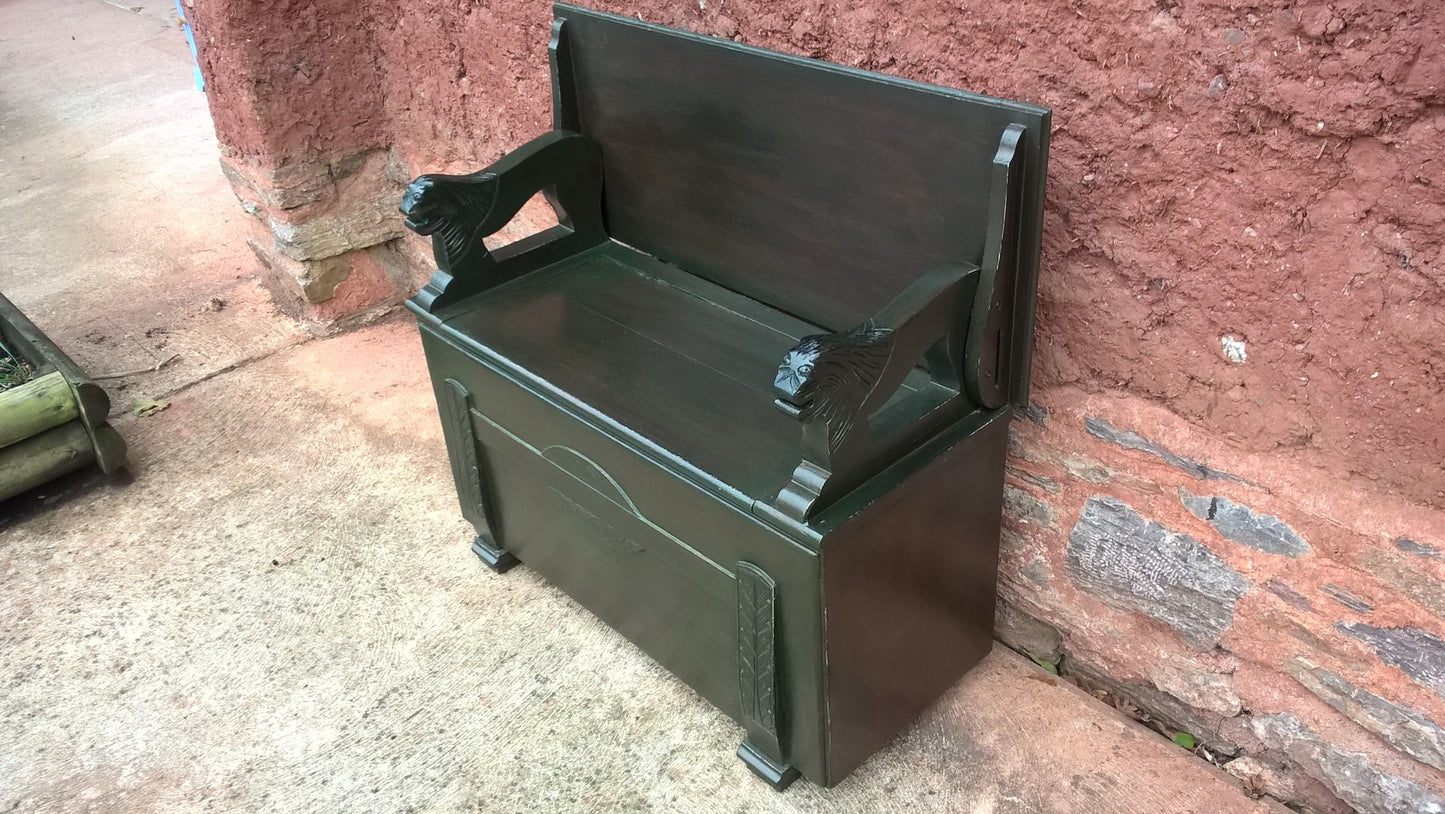 Carved Oak Hall Seat / Oak Monks Bench / Oak Settle