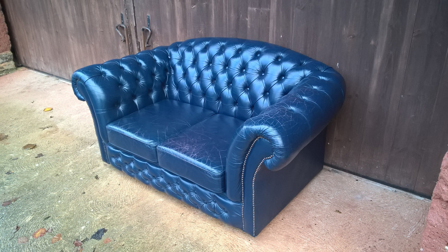 Stunning Vintage Dark Blue Chesterfield Style Leather Sofa