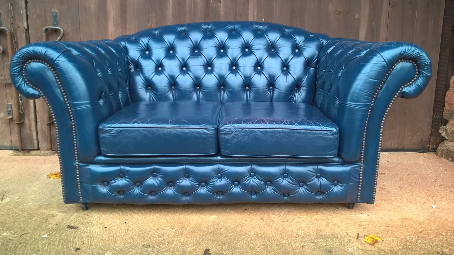 Stunning Vintage Dark Blue Chesterfield Style Leather Sofa