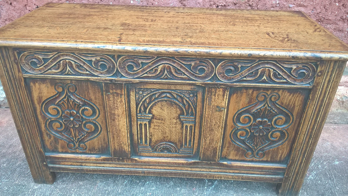 Gorgeous Small Carved Oak Coffer / Vintage Storage Chest