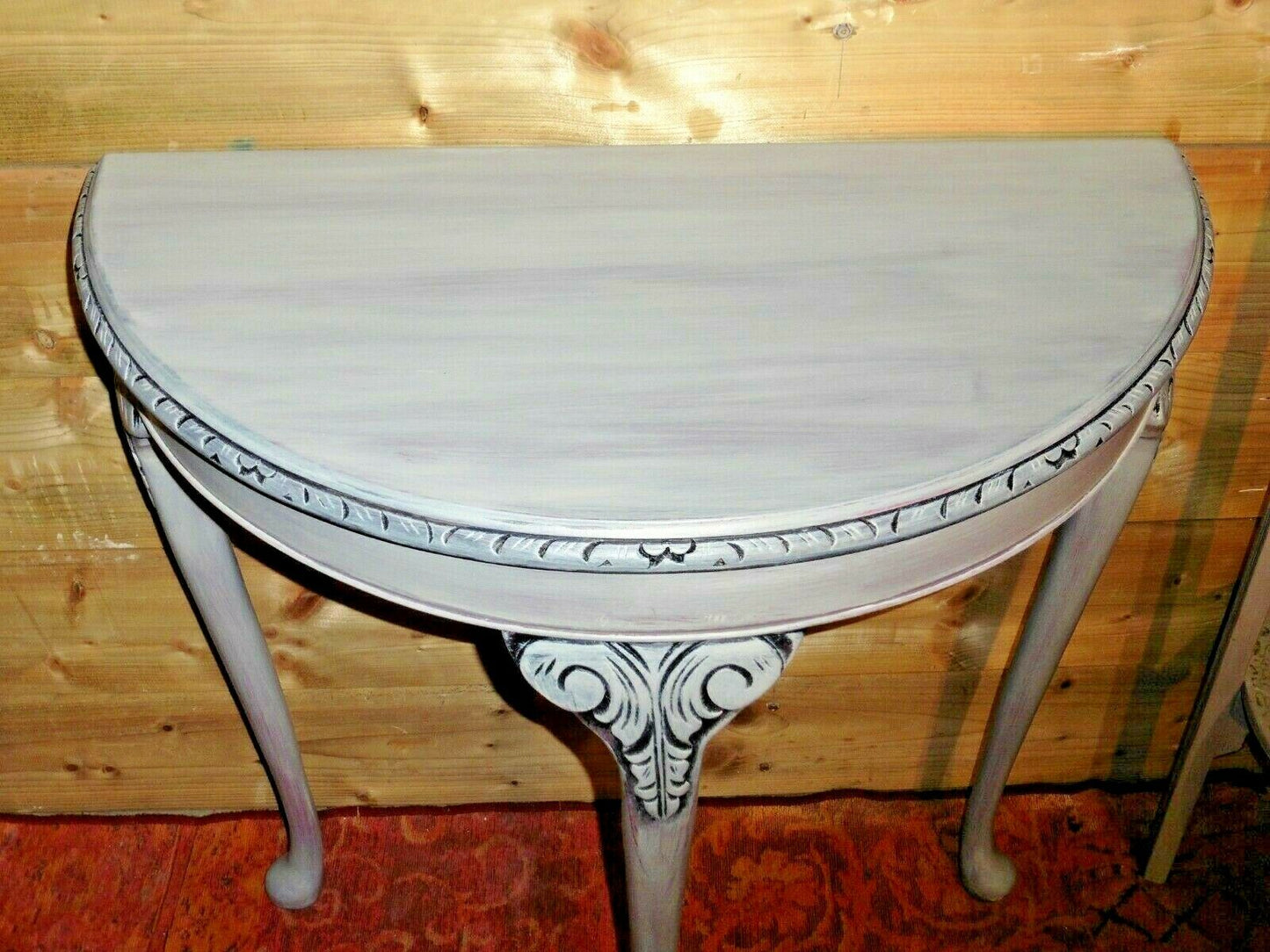 115.....Vintage Carved Hall Table / Refinished Demi Lune Table