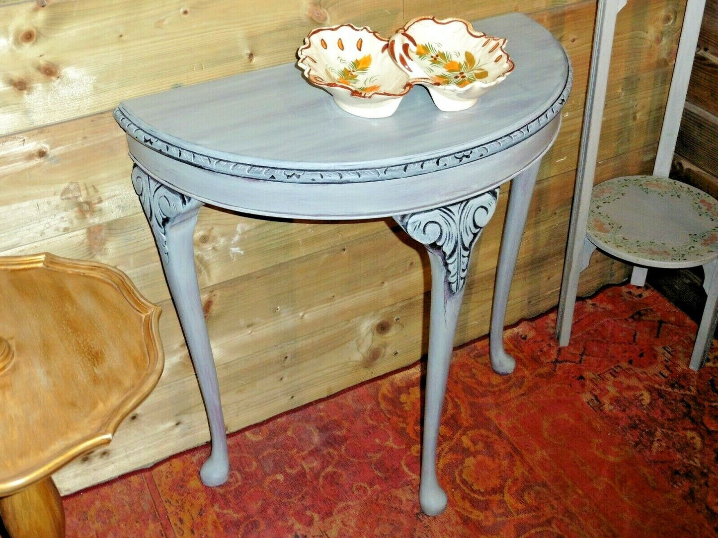 115.....Vintage Carved Hall Table / Refinished Demi Lune Table
