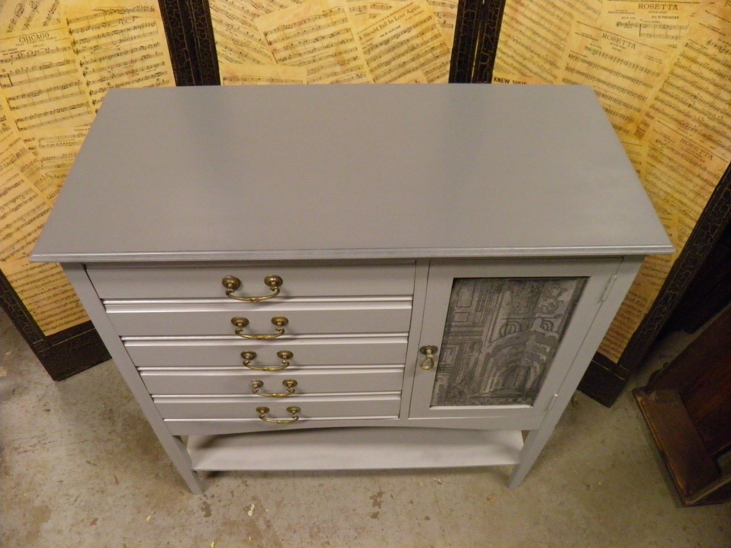 Decorative Elegant Vintage Grey Painted & Decoupage Music Cabinet