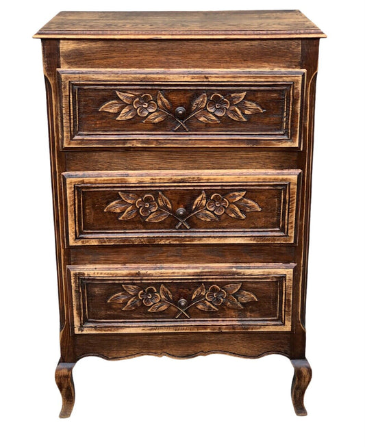 000931....Handsome French Solid Oak Carved Small Chest / Bedside Table ( sold )