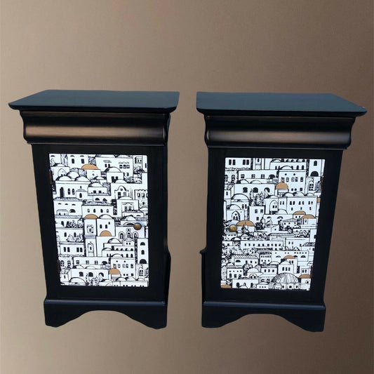 Handsome Pair Of Vintage Bedside Tables With Fornasetti Decoration ( SOLD )