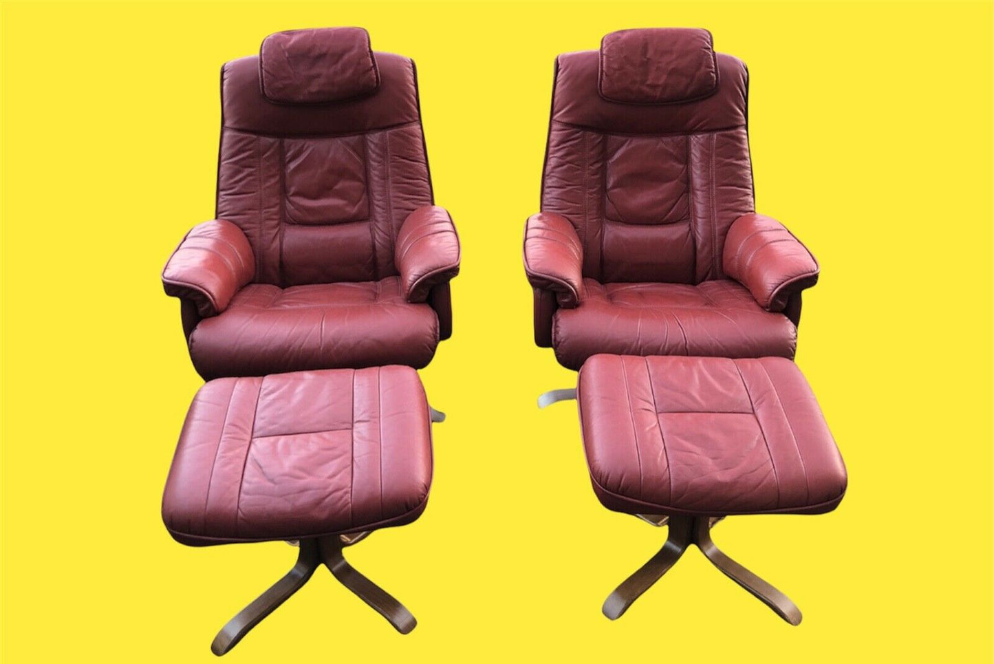 Stunning Pair Of Red Leather Reclining Armchairs With Matching Stools ( SOLD )