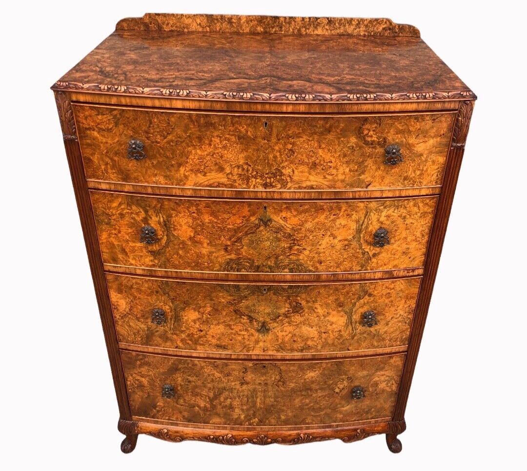 000948....Handsome Bow Fronted Figured Walnut Large Chest Of Drawers ( sold )