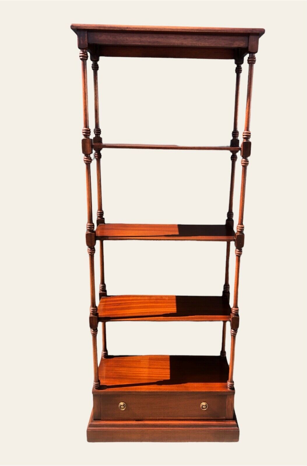 000975.....Vintage Reprodux Mahogany Shelving Unit With Drawer ( sold )