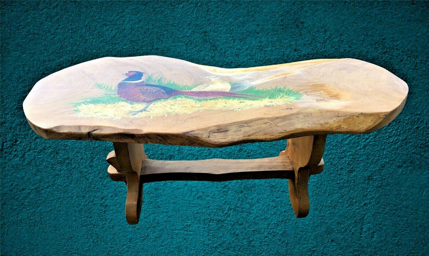 000987.....Heavy Vintage Ash Coffee Table With Hand Painted Decoration ( sold )