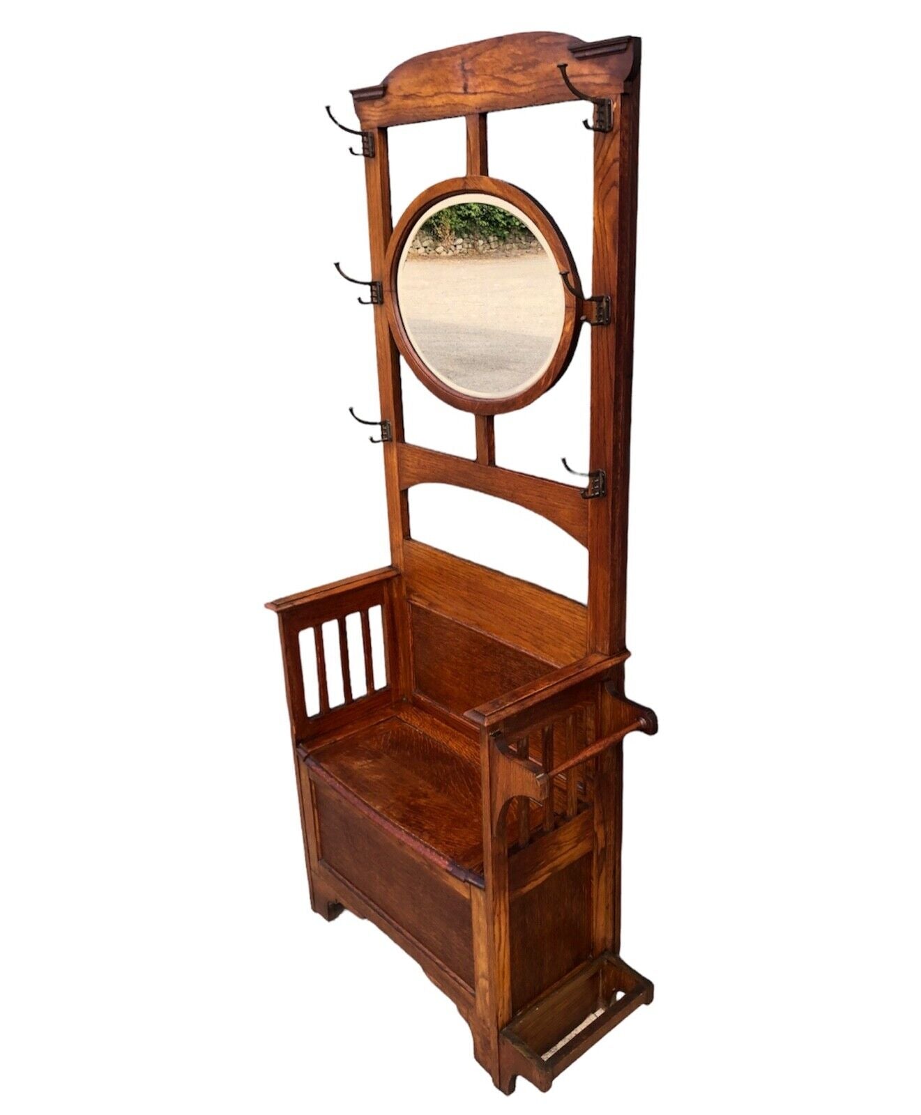 000939....Arts And Crafts Vintage Oak Hall Stand With Lift Up Seat