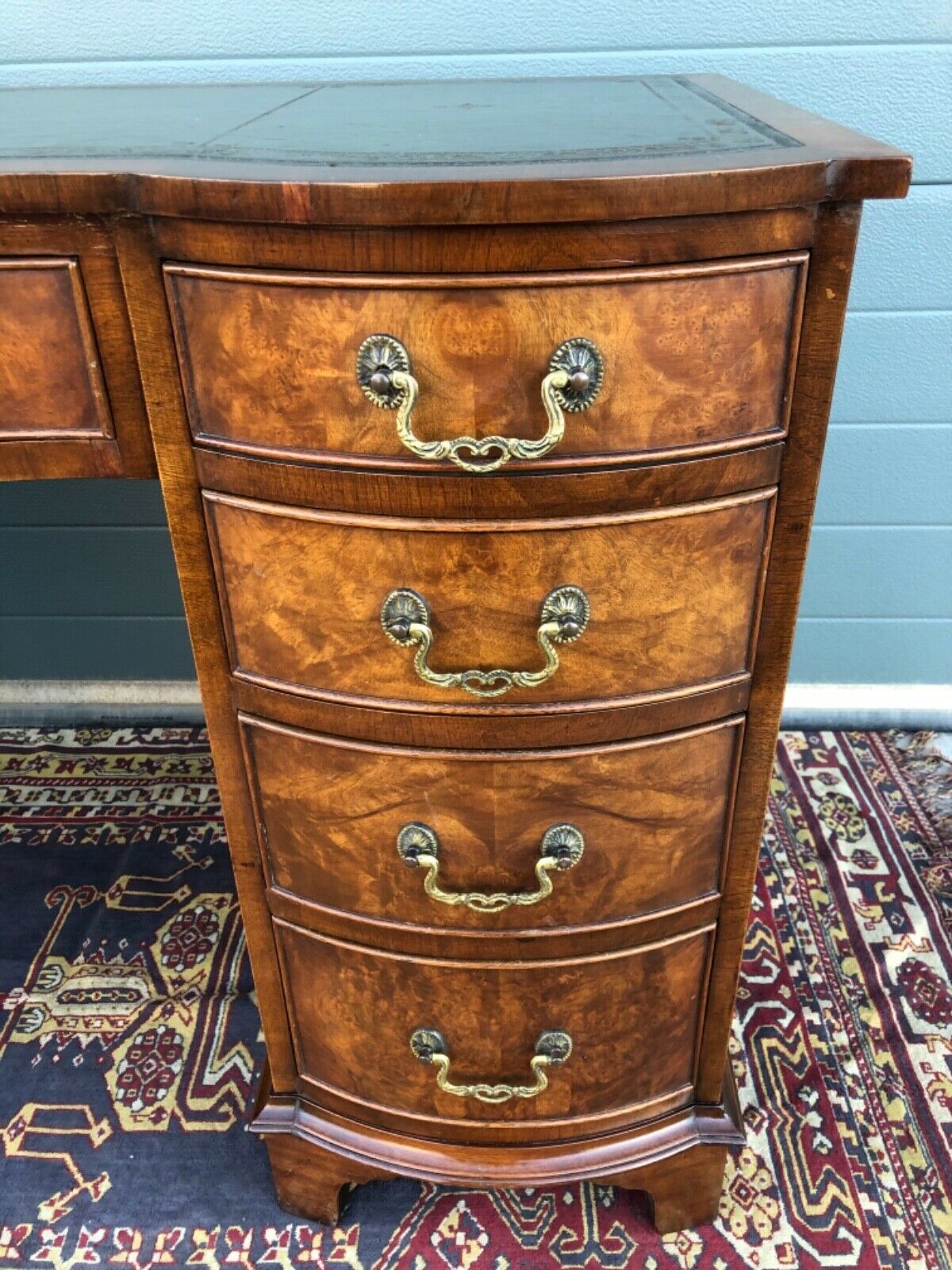Handsome Vintage Figured Walnut Desk / Reprodux Nine Drawer Desk ( SOLD )
